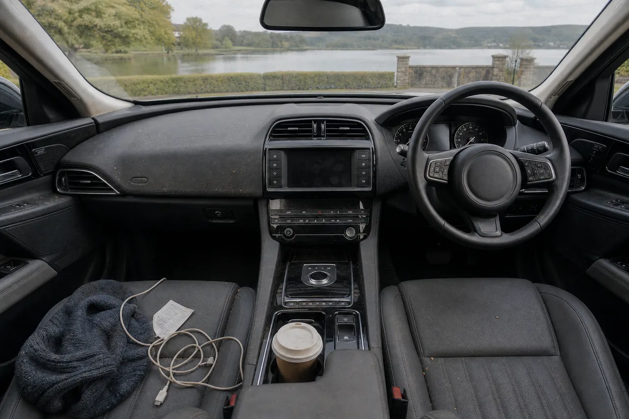 The same right-hand-drive cabin as a messy phone snap with everyday clutter